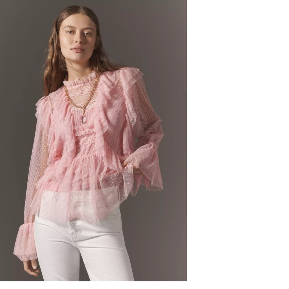Anthropologie Sheer Pink Ruffled Swiss Dot Blouse